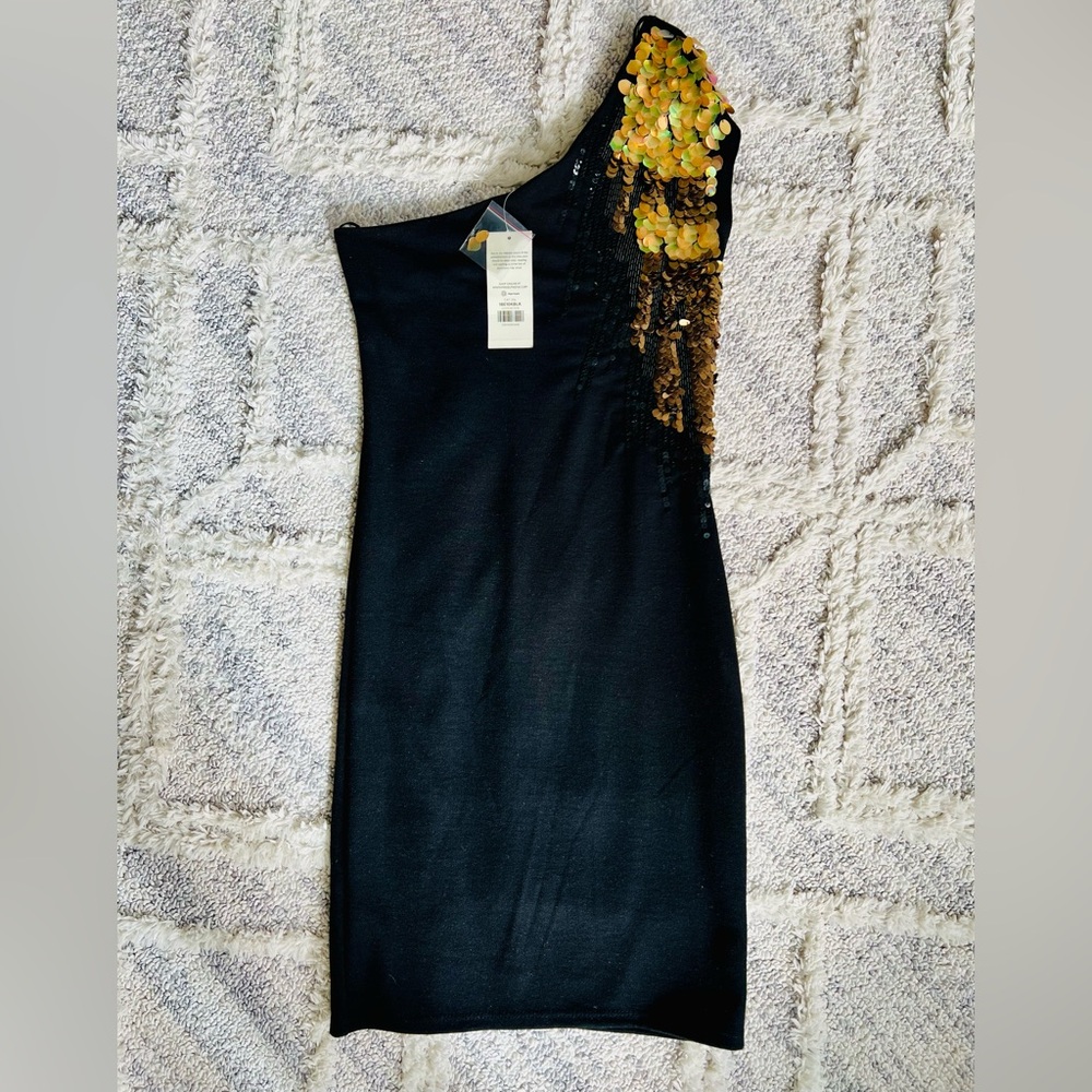 Miss Selfridge Black Cocktail Dress w/ Gold & Black Sequins, UK 6 (US 0)